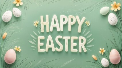 Fototapeta premium Happy Easter Greeting with Decorative Eggs and Blossoms on Green Background