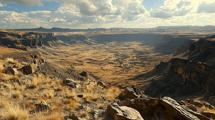 Naklejka premium Canyon landscape, arid terrain, sunlight, clouds, scenic vista, travel, nature