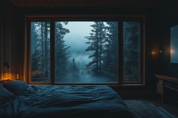 Tranquil atmosphere cozy bedroom in cabin with scenic forest view and nature photography