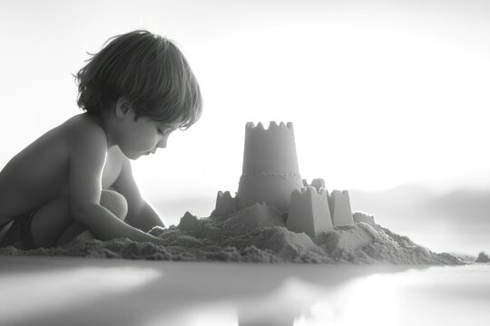 A young child builds a magnificent sandcastle on a sunny beach, showcasing childhood imagination and creativity.