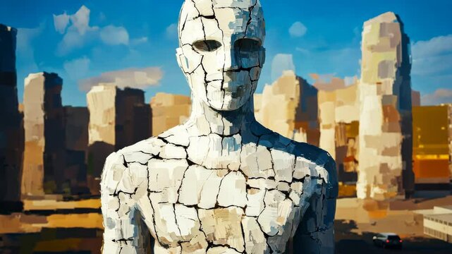 Cracked stone golem standing before futuristic city