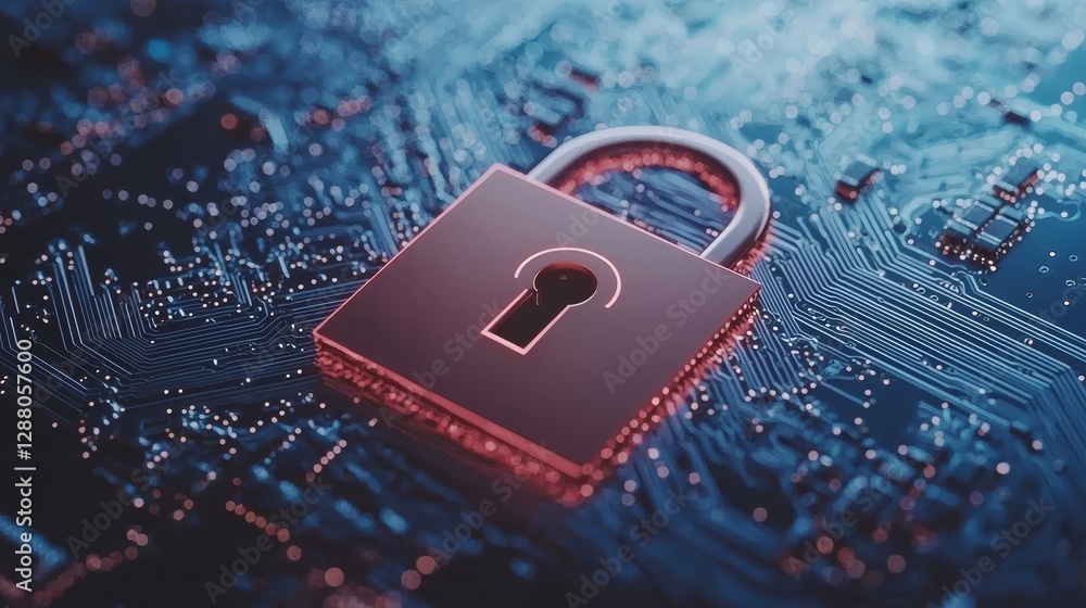 Aufkleber the concept of business privacy is highlighted by a horizontal lock illuminated with blue light on a