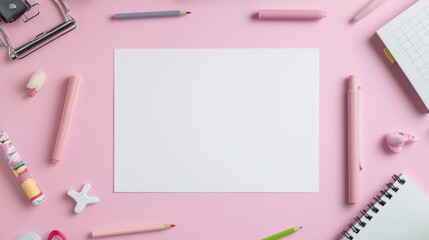 Pink desk with blank paper surrounded by colorful stationery and office supplies, ideal for creative projects.