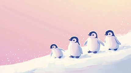 Four cute penguin chicks walking in a row across a snowy landscape with a pink sky