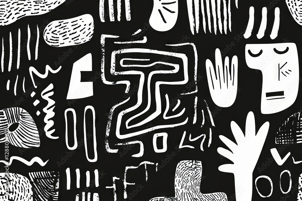 Poster a painting consisting of a black and white design of rectangular and square patterns