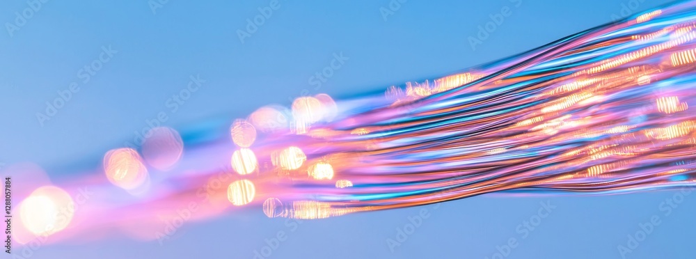 Poster gold and white pink light trails on a blue background embody the flow of data within computer system