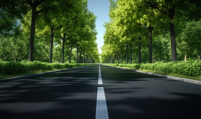 Obraz premium Serene tree-lined road with lush greenery and clear blue sky