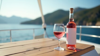 Chilled rosé wine bottle and glass on a yacht with scenic ocean and mountain view

