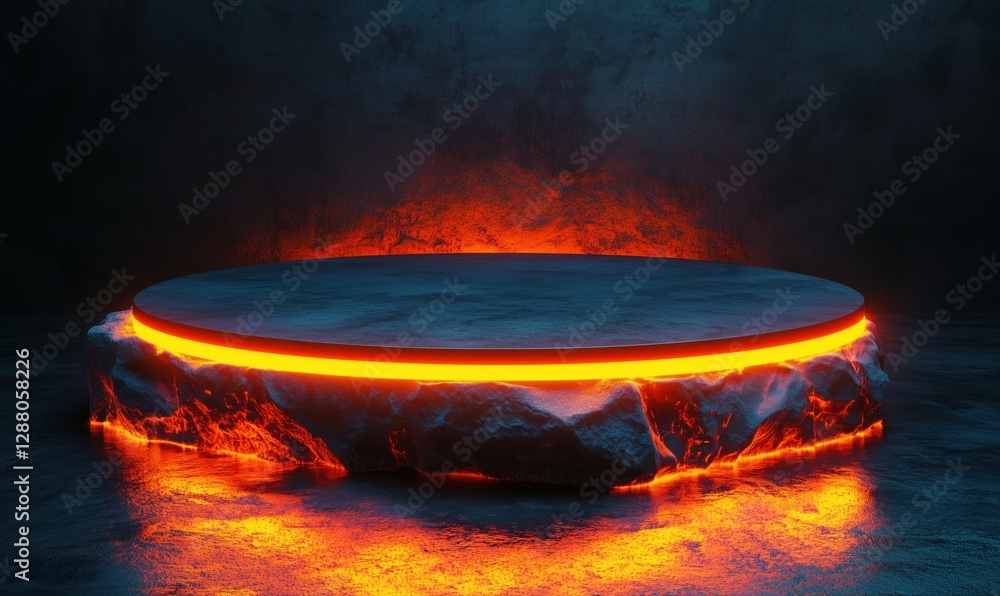 Poster illuminated circular platform with glowing edges and lava-like texture in dark environment