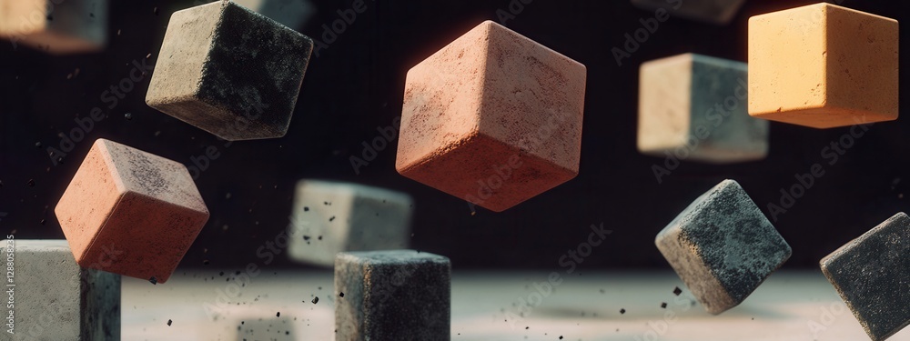Aufkleber floating colorful cubes in abstract space with dust particles and soft lighting effects