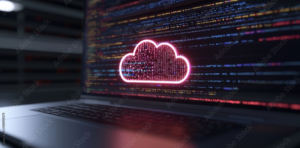 Poster a detailed view of a cloud computing interface displayed on a laptop screen highlighting the process