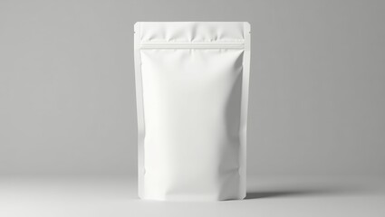 Blank white stand-up pouch packaging mockup on neutral background for branding and product design

