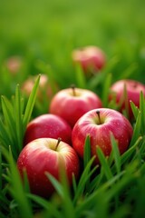 Several juicy organic apples nestled amongst tall blades of summer grass , natural, rustic