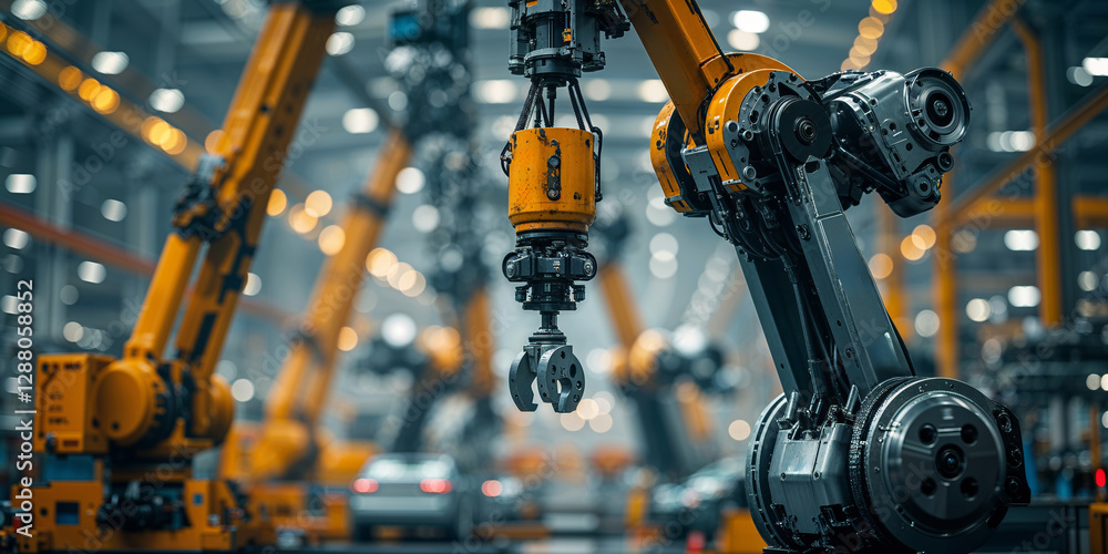 Poster industrial robots performing assembly tasks in a modern factory environment during the day