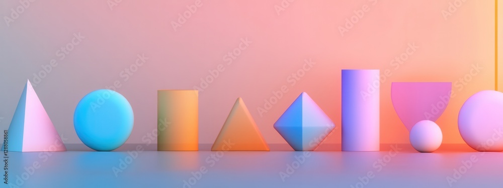 Poster colorful abstract geometric shapes on surface with gradient background and soft lighting effects