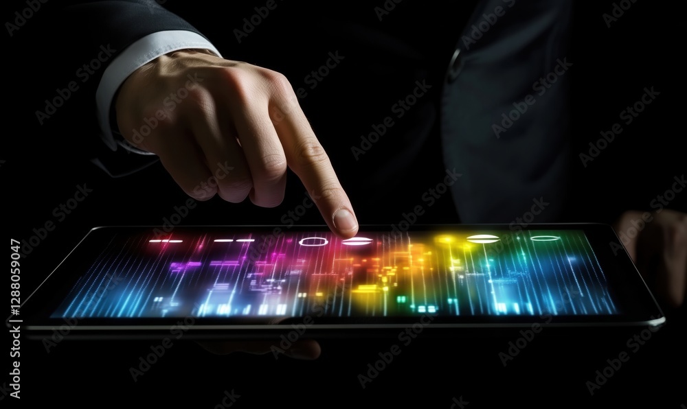 Poster touchscreen interaction with colorful data visualization on tablet device