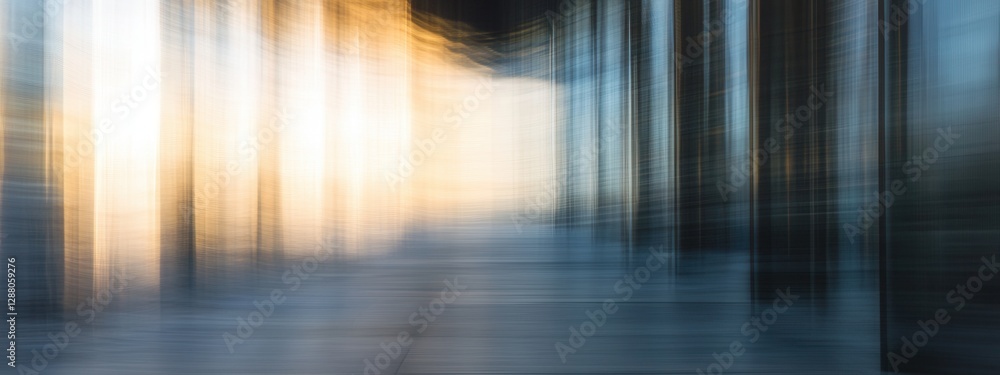 Poster abstract motion blur of urban architecture during sunset with golden and blue tones creating a dynam