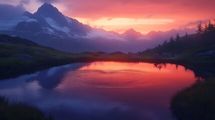Fototapeta premium Serene landscape at dawn, tranquil lake reflecting vibrant sunrise colors, majestic mountains in the background, peaceful nature theme.