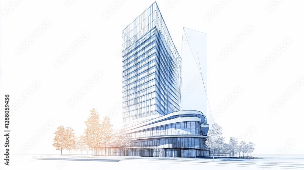 Poster architectural blueprint rendering of a modern high rise building with surrounding trees
