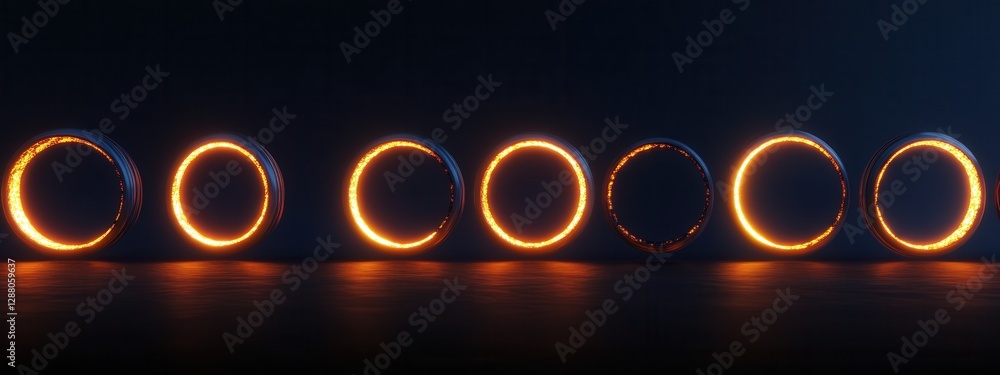 Aufkleber spectacular array of glowing circular light rings in a dark environment for creative designs and con