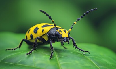 Fototapeta premium Vibrant yellow and black beetle perched on green leaf showcasing intricate details