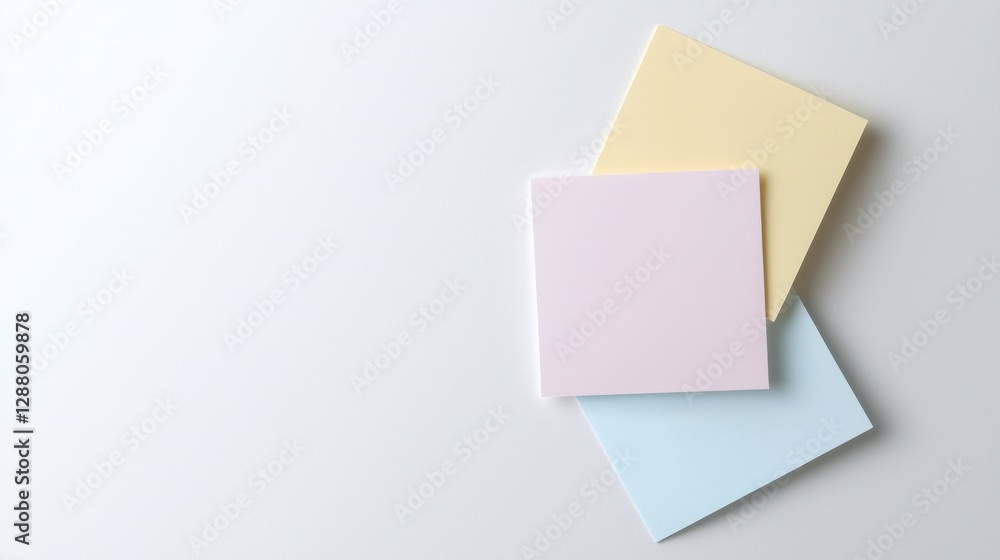 Poster three pastel-colored paper sheets arranged neatly on a light background, creating an elegant and min