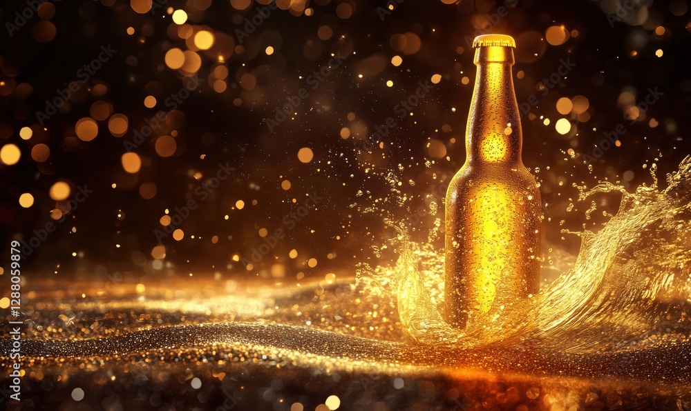 Poster golden beer bottle splashing in sparkling liquid with bokeh background