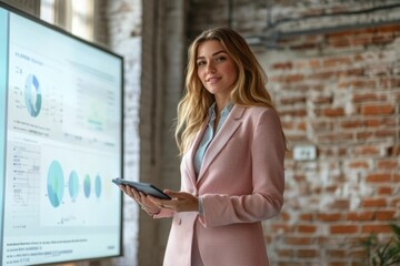 Confident businesswoman reviewing data on a tablet, standing near a large screen displaying charts and graphs.