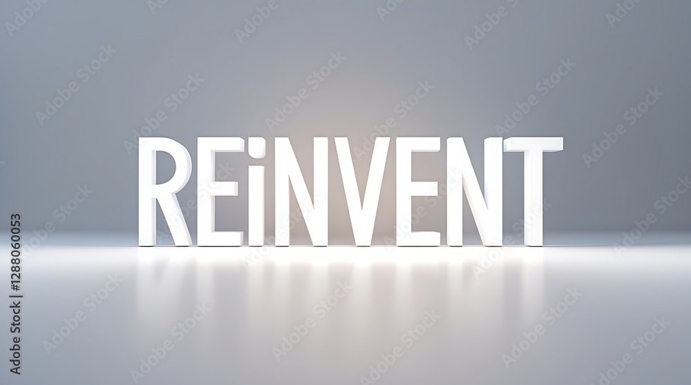 Poster creative display of the word reinvent with a minimalistic background and bright lighting