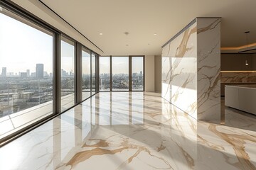 Bright luxury apartment interior with city views for real estate advertisement