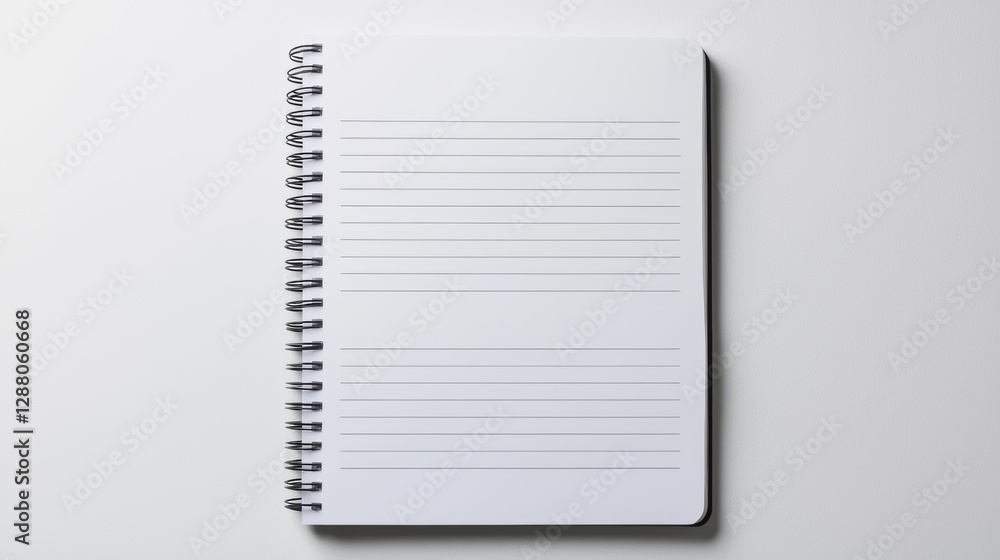 Poster top view of an open spiral notebook with lined pages on a white background. perfect for office or sc