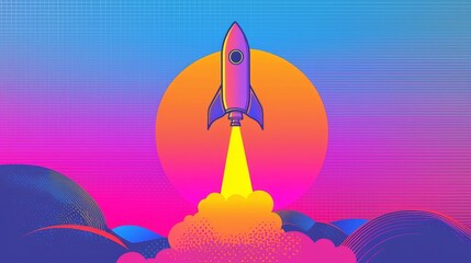 Retro style illustration of a rocket blasting off into an explosive backdrop illuminated by sun rays