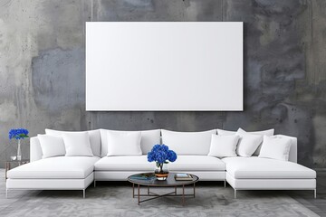 Modern living room interior with white sectional sofa. coffee table. and blank canvas mockup on concrete wall