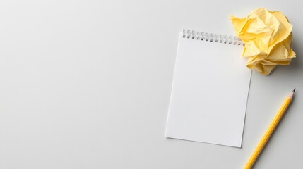 Top view of blank notepad with yellow pencil and crumpled paper, perfect for creativity or planning concepts.