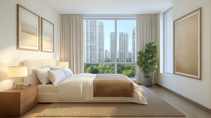 Fototapeta premium Bright bedroom boasts a large window overlooking a cityscape