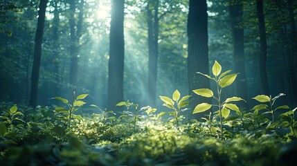 Obraz premium Earth day environmental idea. Sunlight filters through trees, illuminating young plants in a serene forest setting.