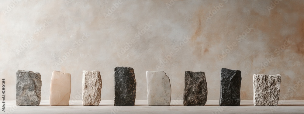 Aufkleber unique textures of natural stones displayed in a minimalist setting with soft lighting and neutral b