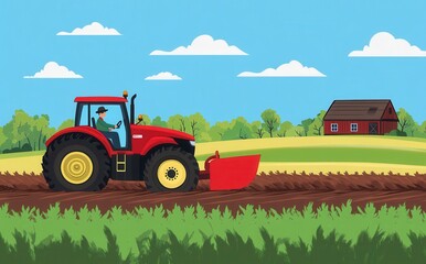 Fototapeta premium Pixel Art Farmer Driving Red Tractor on Farm Field