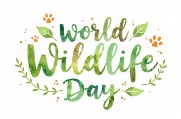 Fototapeta premium Watercolor-style illustration of the words 'World Wildlife Day' in shades of green and earthy brown with leaves, branches, and animal paw prints