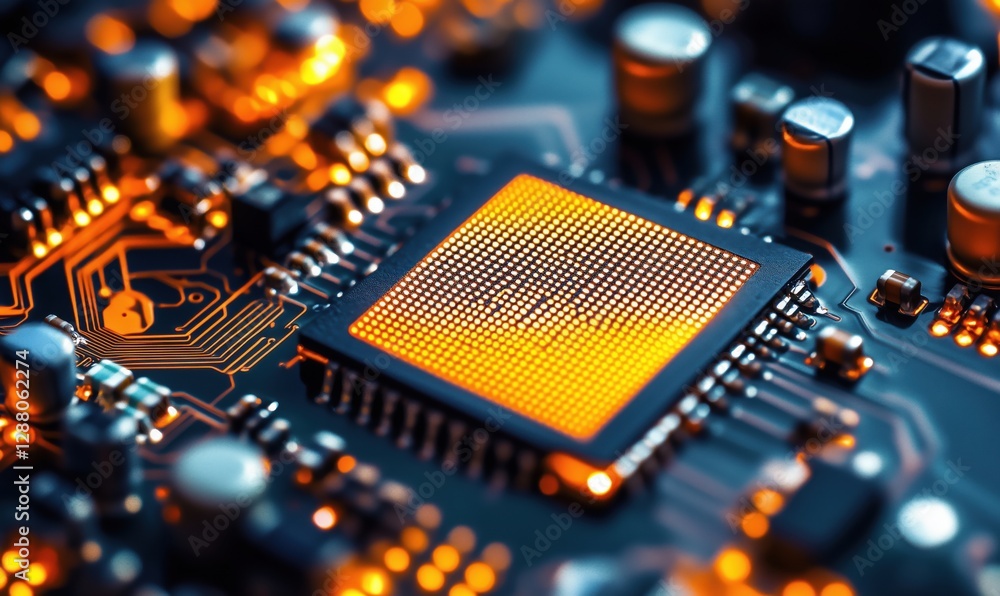 Poster close-up of a microprocessor on a circuit board with glowing orange lights and intricate details