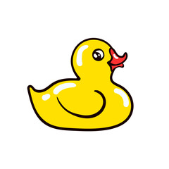 Funny happy yellow rubber floating duck. Bright cartoon character. Comic hand drawn cute bath squeaky little duckie quack simple toy isolated on white. Vector flat sticker or symbol of 60s, 70s, 80s