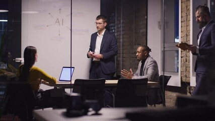 Diverse business team discussing artificial intelligence in a modern office at night. Concept of teamwork, corporate strategy, and AI technology in professional settings. - Powered by Adobe