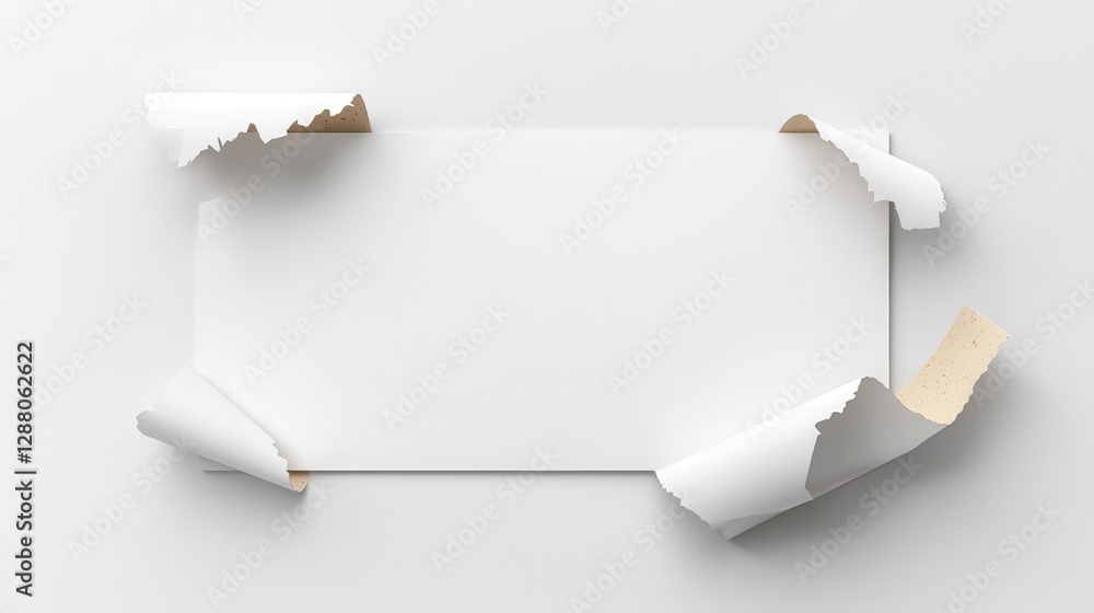 Poster white paper with torn edges revealing space for text or design on a clean background.