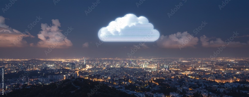 Poster cloud computing and digital data transfer stock image featuring networked computers across cities, c