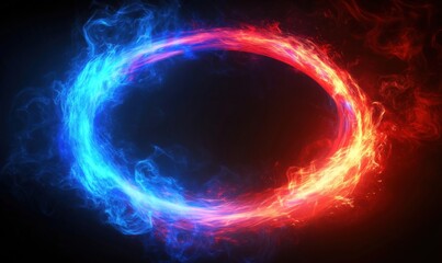 Vibrant blue and red circular flame design with glowing smoke effects
