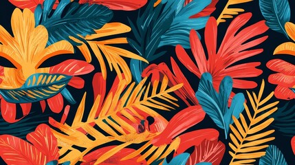 A vibrant pattern of tropical leaves in shades of red, orange, blue, and green against a dark background, showcasing a lively and colorful botanical design.