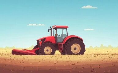 Fototapeta premium Red Tractor in Pixel Art Style Working a Brown Field Under a Blue Sky
