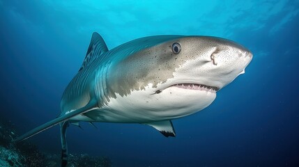 Fototapeta premium Powerful tiger shark swimming gracefully in clear blue ocean waters during daylight hours