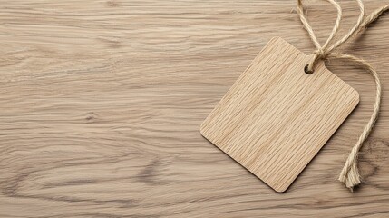 Fototapeta premium Wooden tag with string on natural wood surface, perfect for rustic-themed branding or packaging.