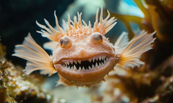 Unique close-up of a smiling fish with spiky fins and sharp teeth in underwater habitat
